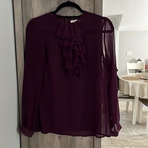 Esley Maroon Sheer Ruffle Front Button Back Long Sleeve Top Small